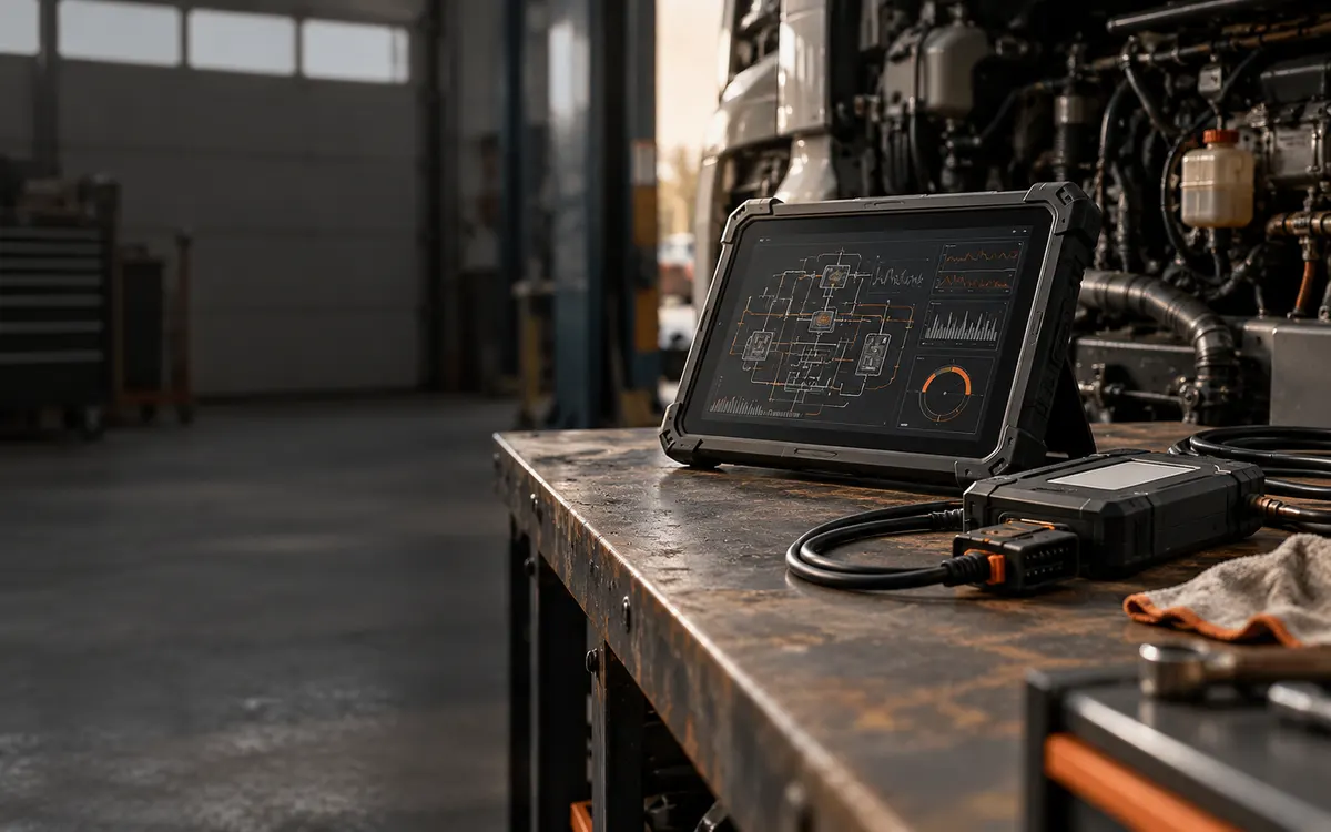 Tezgâhta soyut elektrik şeması gösteren tablet ve teşhis kablosu